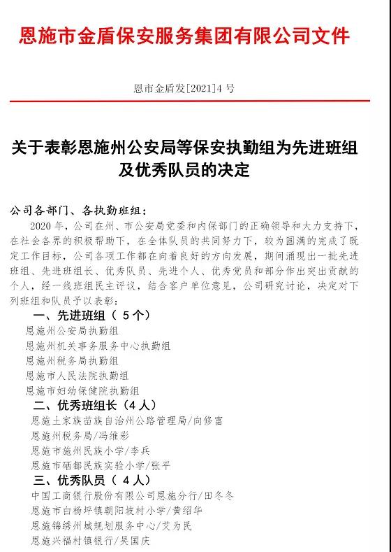 關(guān)于表彰恩施州保安執勤組為先進(jìn)班組及優(yōu)秀隊員公告